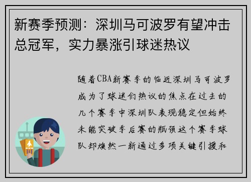 新赛季预测：深圳马可波罗有望冲击总冠军，实力暴涨引球迷热议