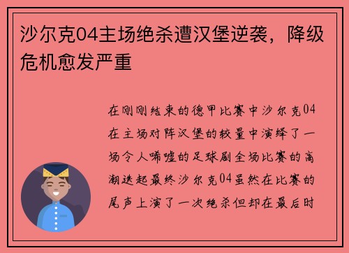 沙尔克04主场绝杀遭汉堡逆袭，降级危机愈发严重