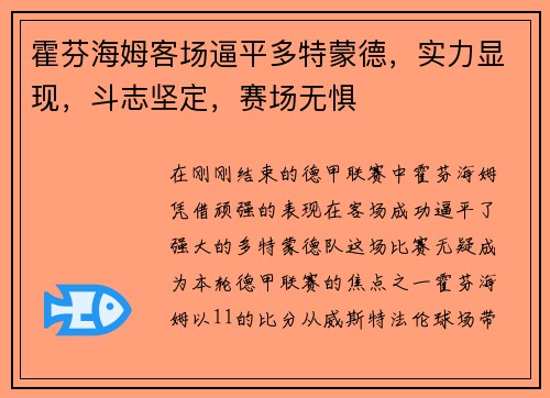 霍芬海姆客场逼平多特蒙德，实力显现，斗志坚定，赛场无惧