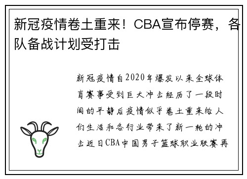 新冠疫情卷土重来！CBA宣布停赛，各队备战计划受打击